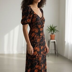 LUSH Puff Sleeve Floral Midi Dress | Black & Rust Print | Size M